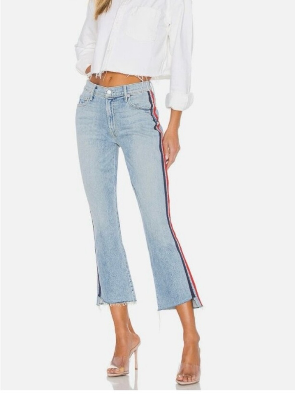 MOTHER Light Blue Cropped Flare Jeans with Red & Navy Side Stripes